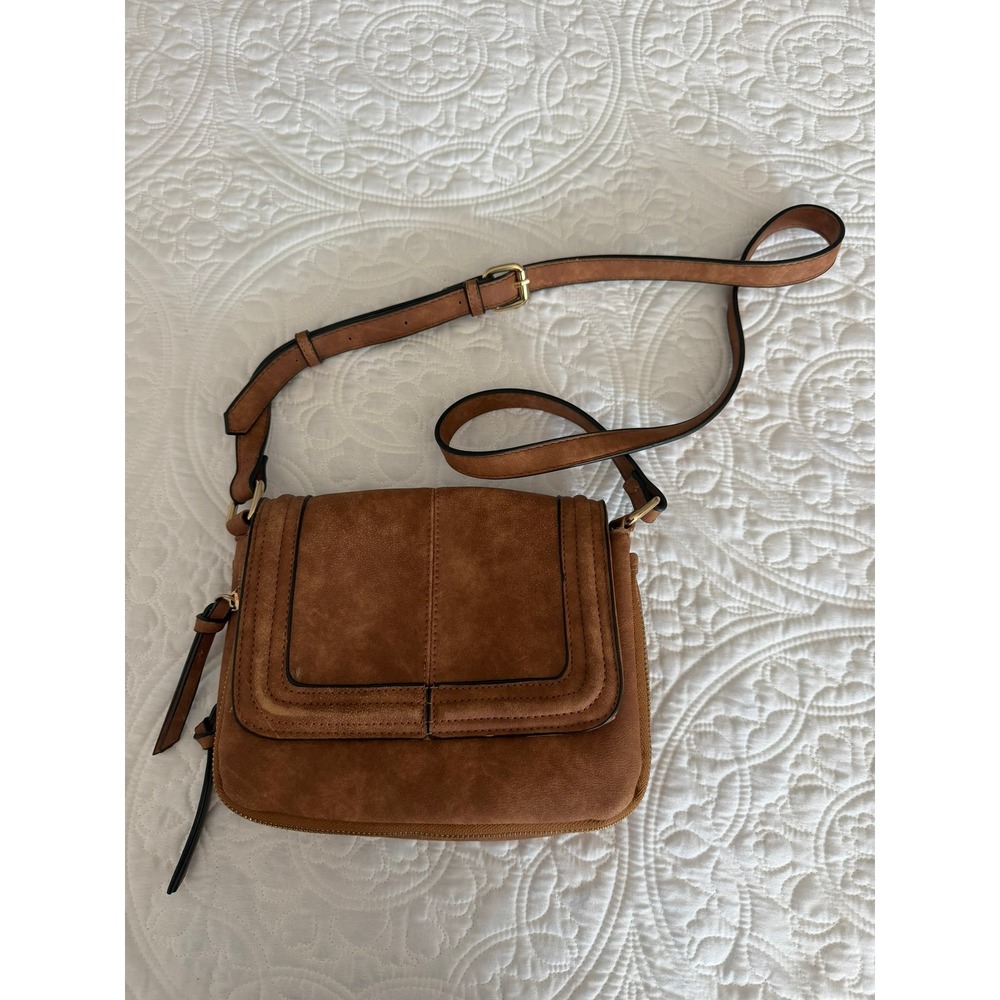 Cognac Faux Suede Multi Compartment Crossbody Bag Brown Gold Hardware Purse